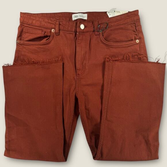 NWT Zara Womens 12 Crop Flare Jeans High Rise Raw Hem Rust Brown - Picture 1 of 7